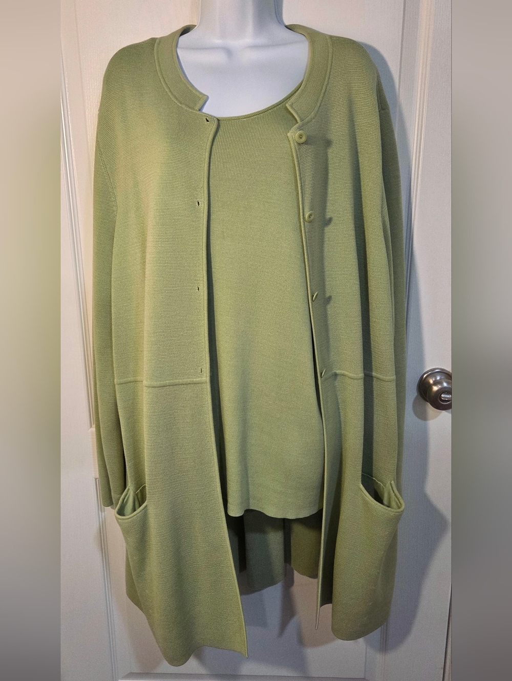 Eileen Fisher Silk-Cotton Light Green Knit Cardigan and Shell Set